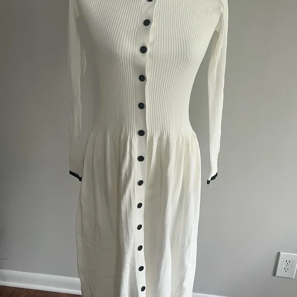 Proenza Schouler Ivory Long Sleeve Button-Front Dress with Black Trim - Picture 2 of 6